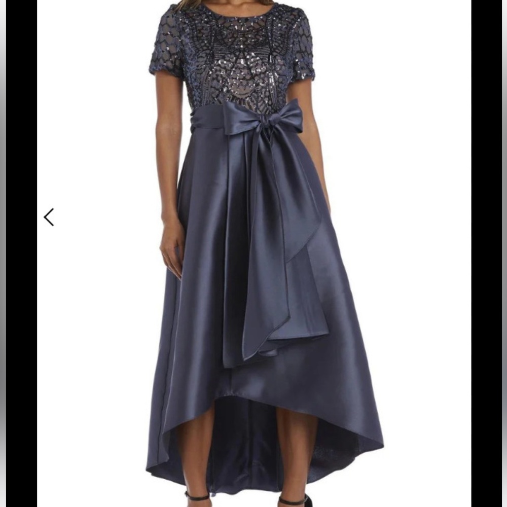 R&M Richards Navy Beaded High-Low Satin Dress
